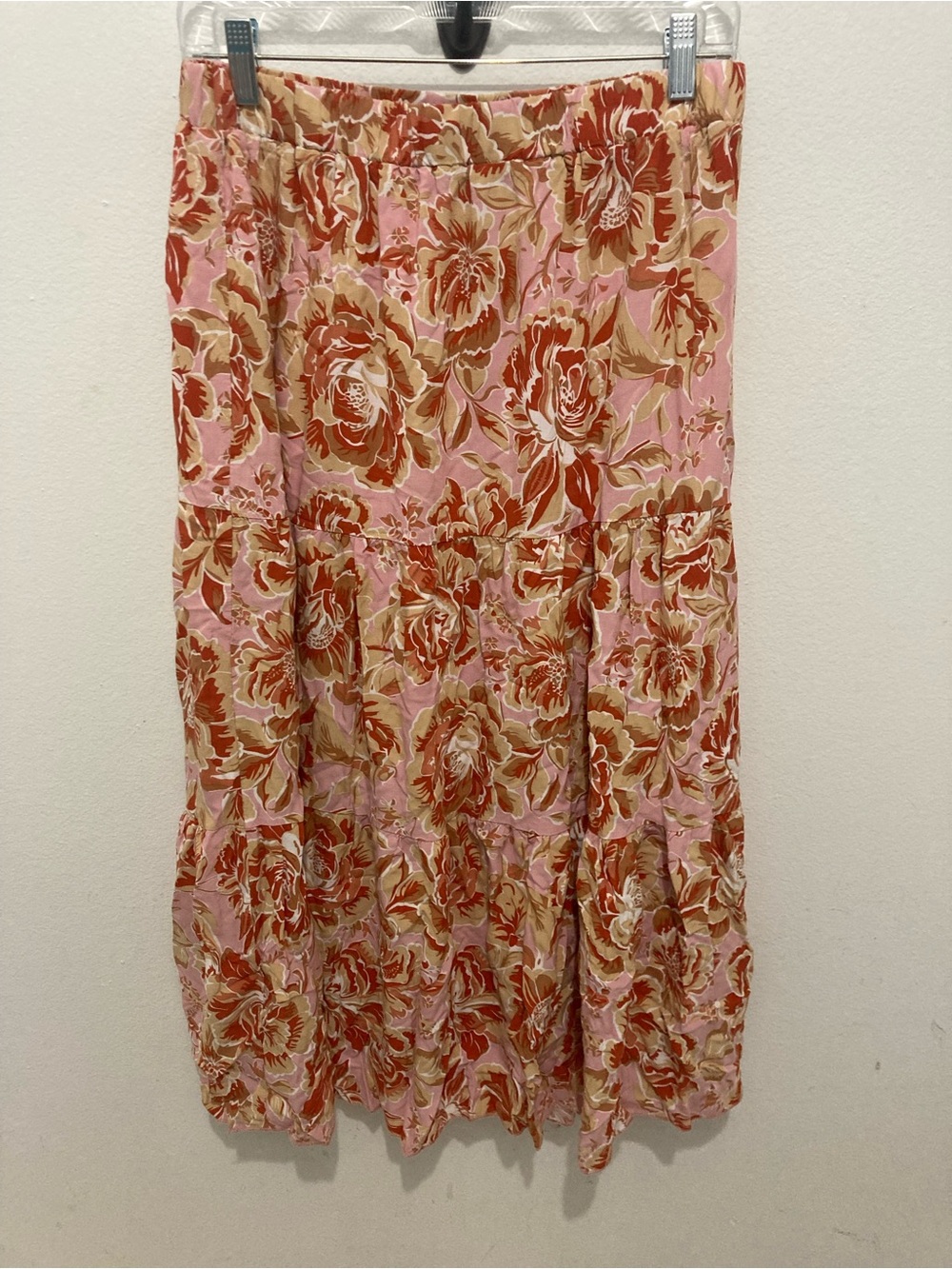 Metro Wear Pink Floral Tiered Maxi Skirt with Rust and Cream L